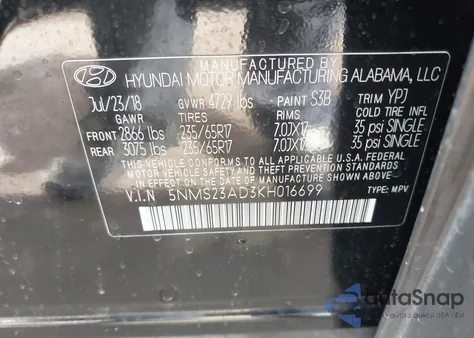 2019 Hyundai Santa Fe Se из США, поврежденный, VIN 5NMS23AD3KH016699